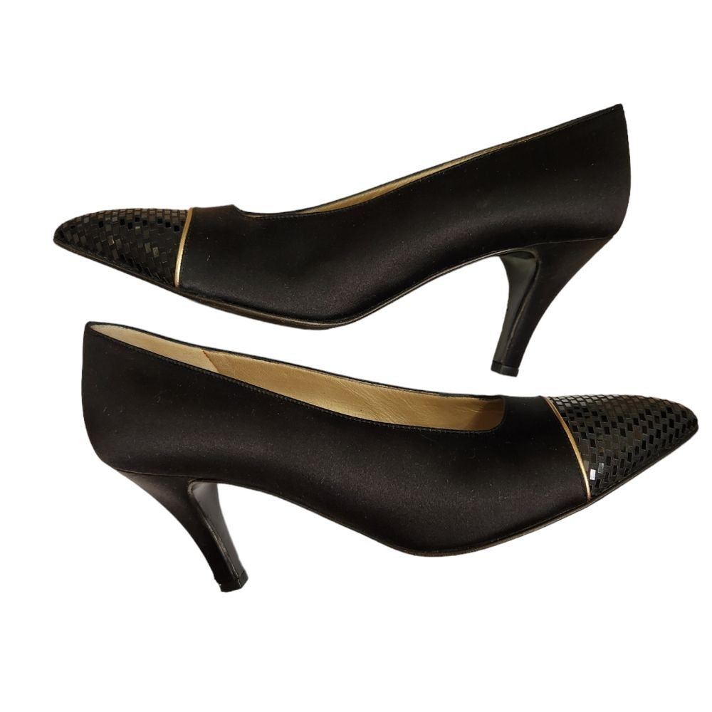 St. John Black Satin Pointed Toe Kitten Heels with Woven Cap